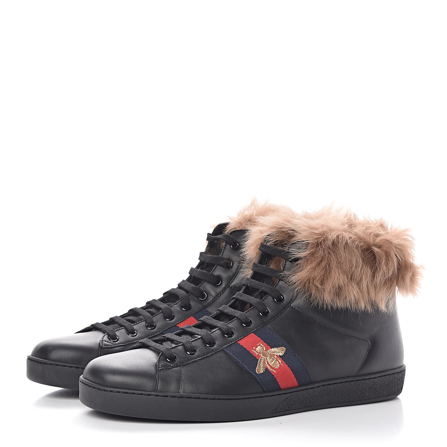 Gucci Calfskin Wool Web Bee Embroidered Mens Ace High Top Sneakers 13 Black 3 of 11