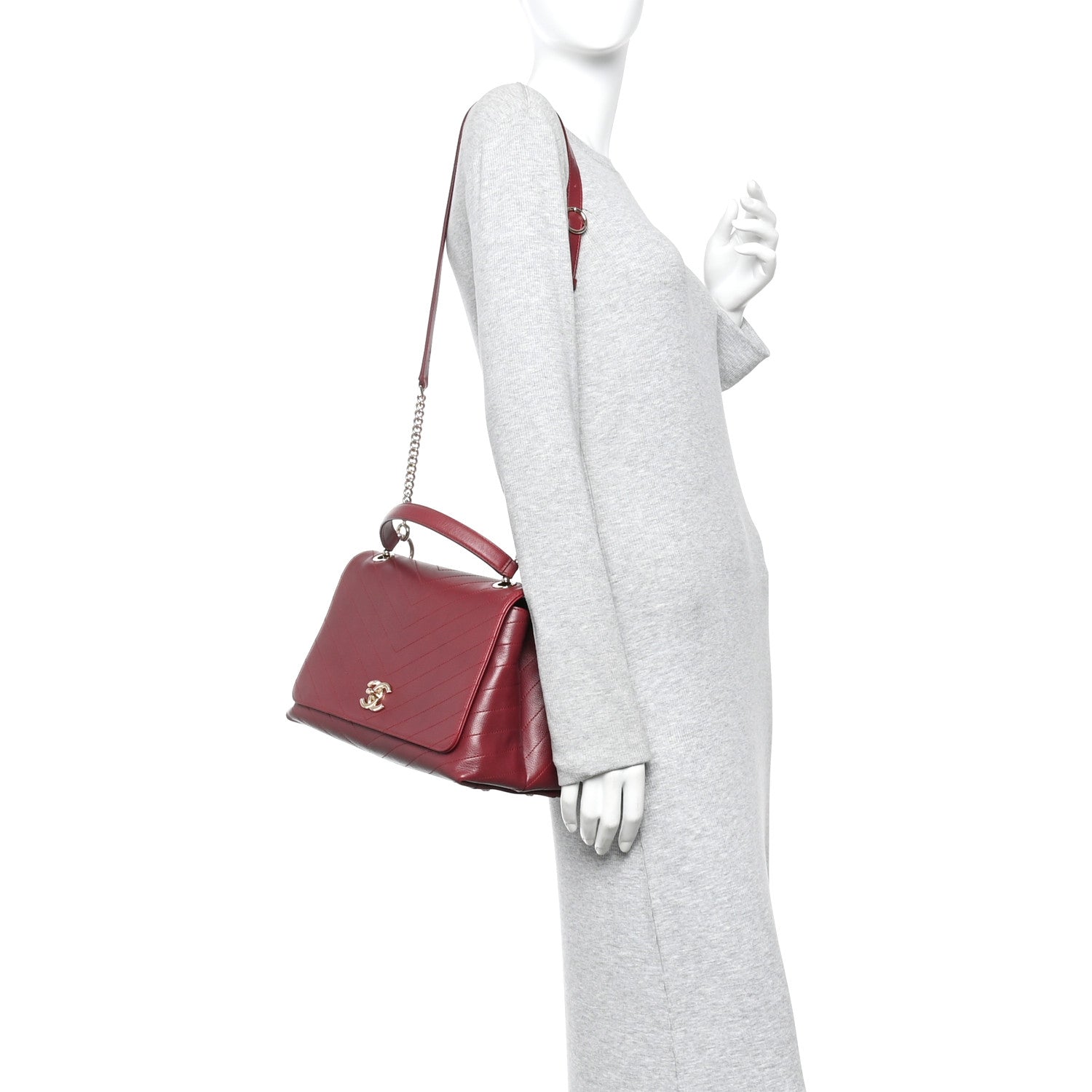 Chanel Grained Calfskin Stitched Chevron Medium Chic Top Handle Flap Red 2 of 11