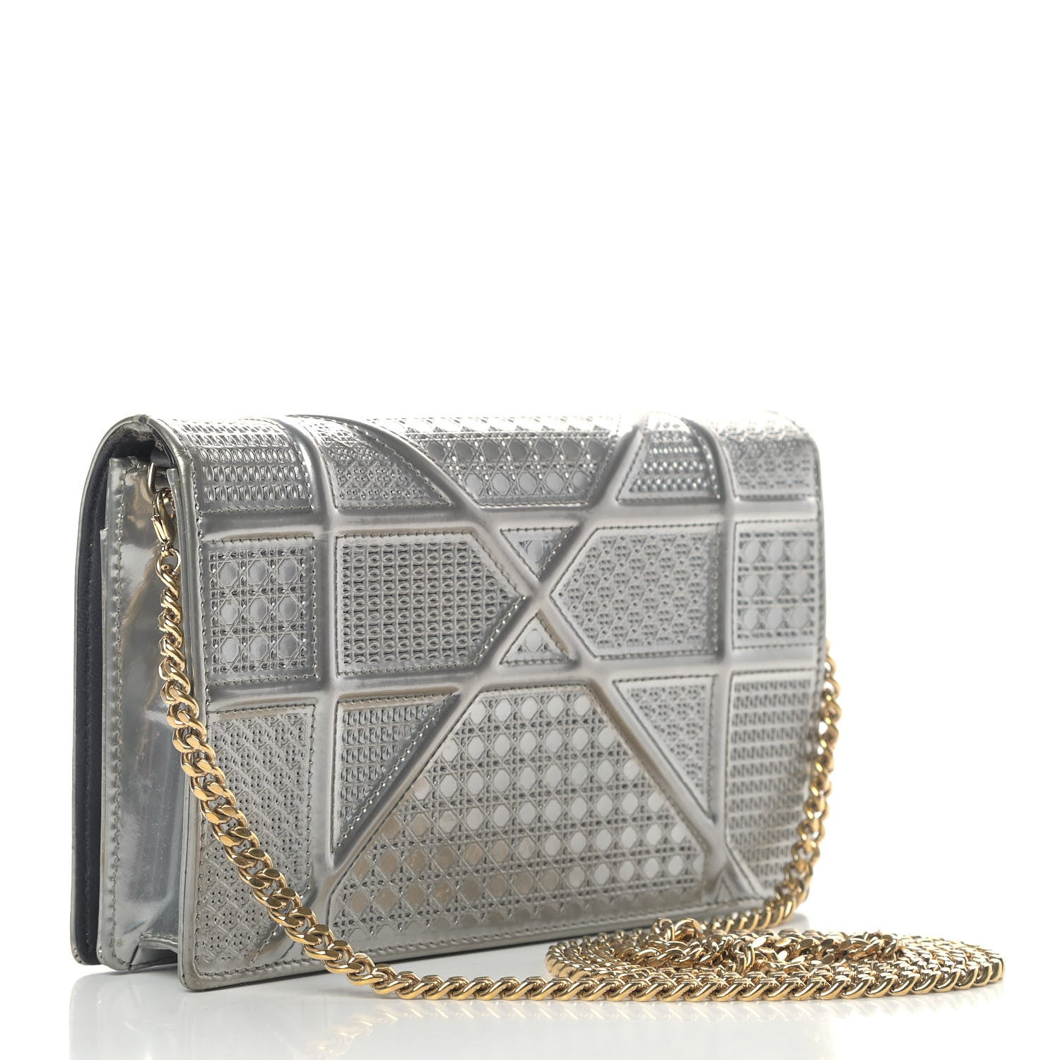 Christian Dior Metallic Patent Micro-Cannage Diorama Wallet on Chain Pouch Silver 2 of 10