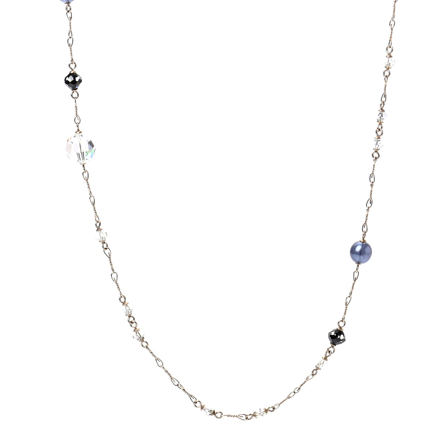 Crystal Pearl Bead CC Long Necklace Gold Blue