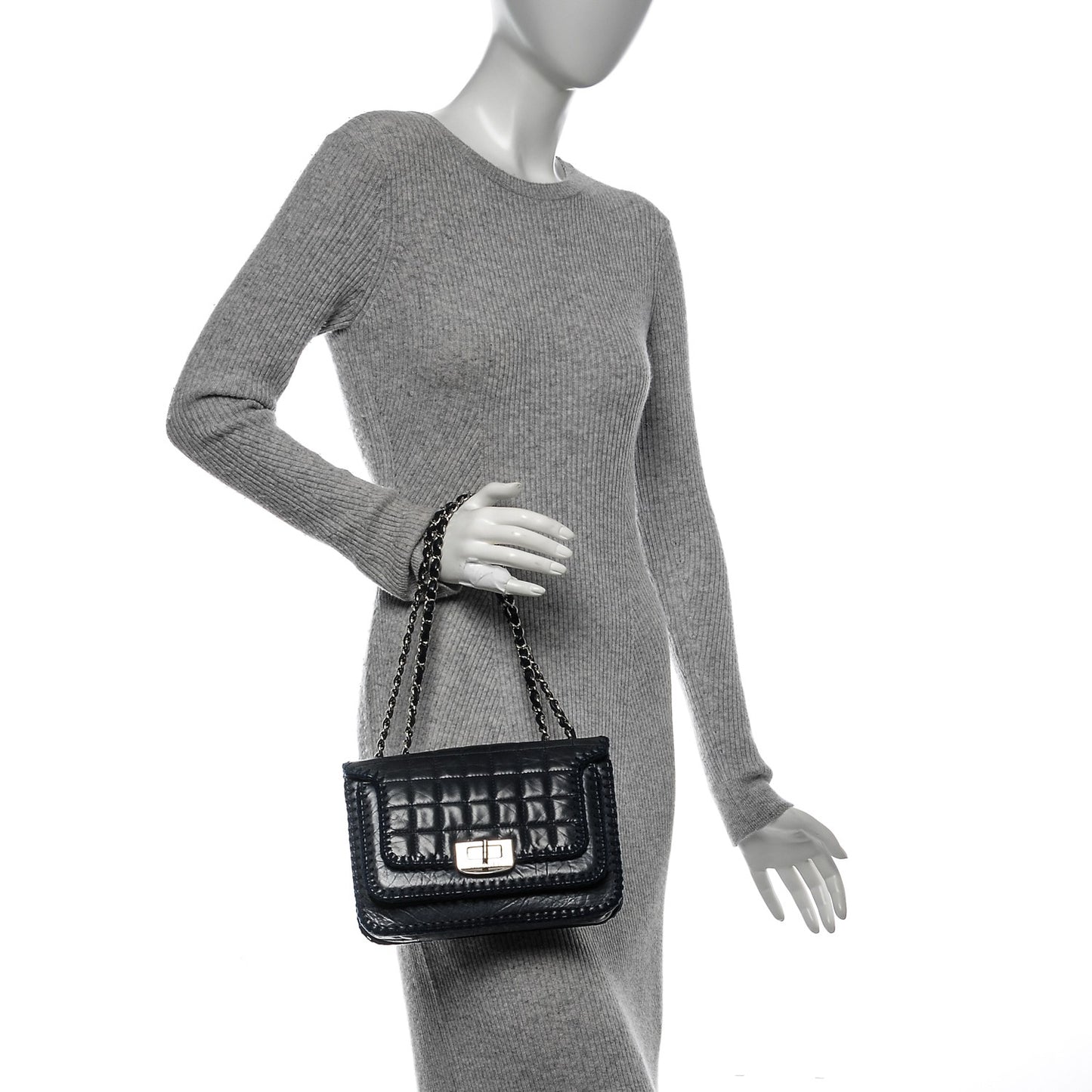 Aged Calfskin Square Quilted Mademoiselle Crochet Flap Navy