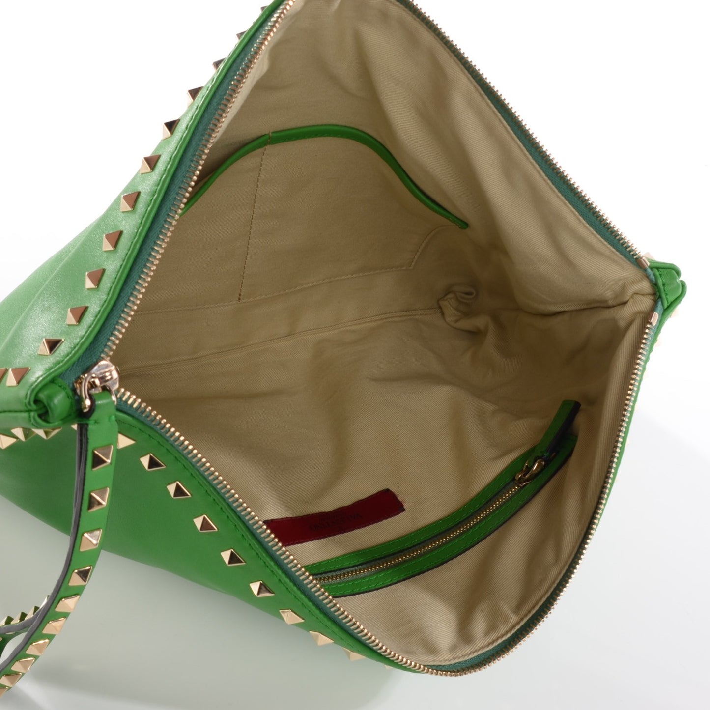 Vitello Rockstud Oversized Zip Wristlet Pouch Green