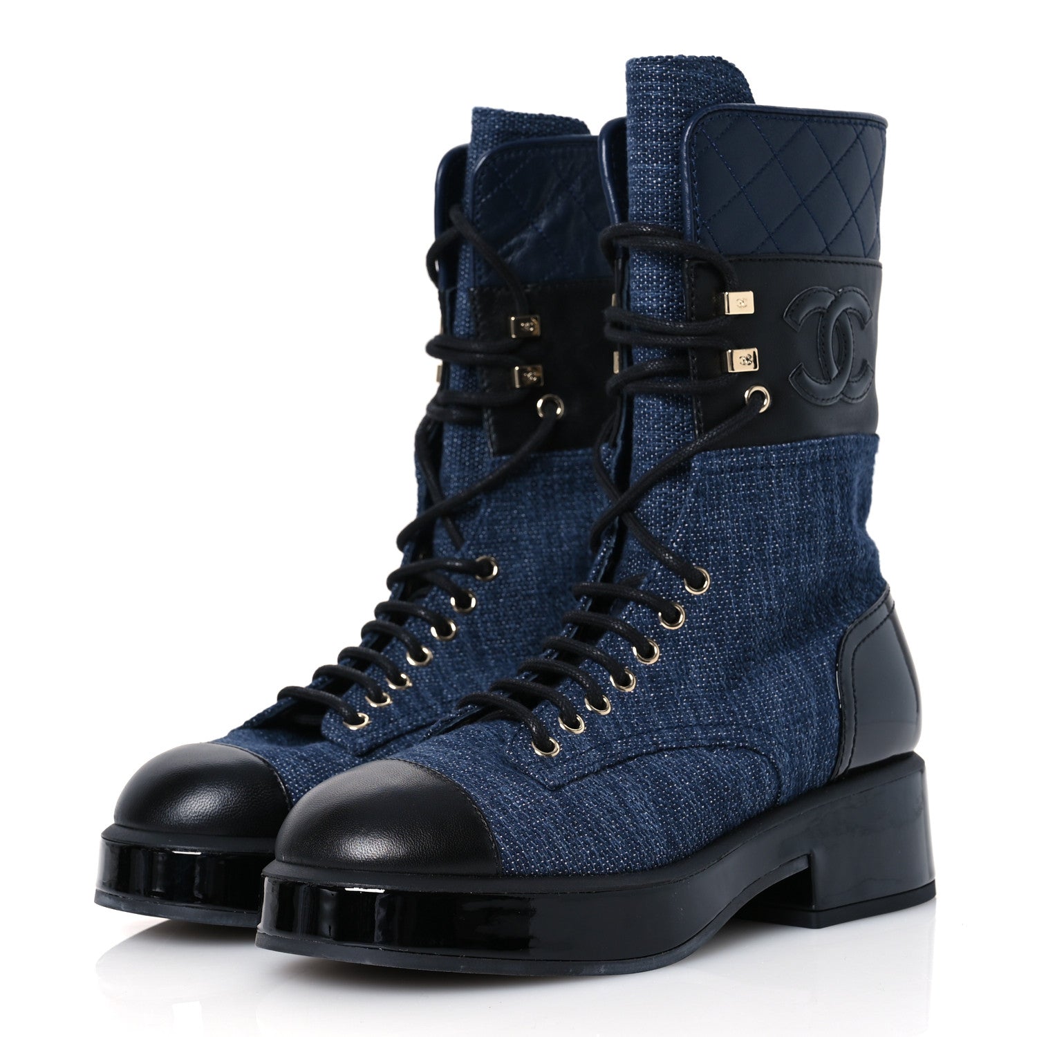 Chanel Denim Patent Lambskin Quilted CC Lace Up Combat Boots 36.5 Navy Blue Black 4 of 10