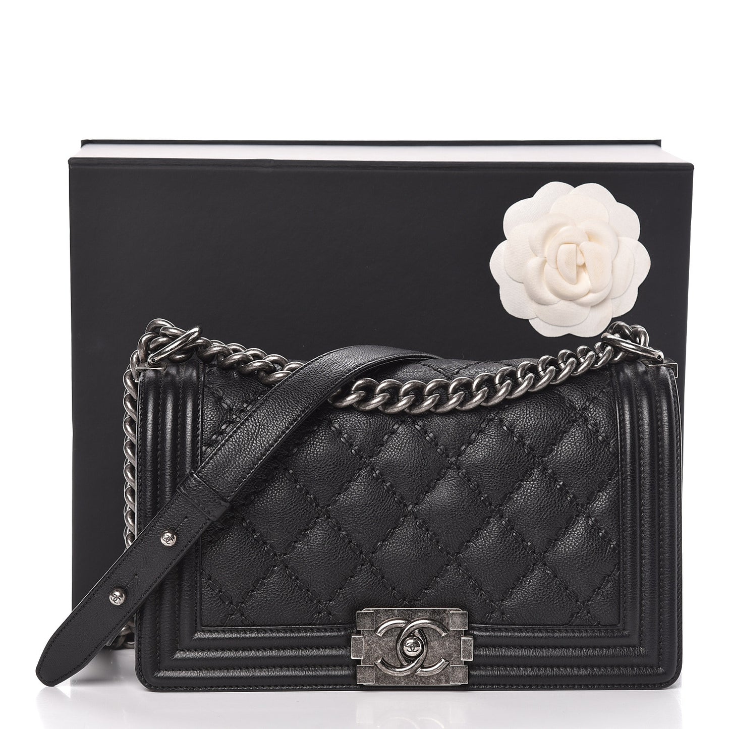 Calfskin Double Stitch Medium Boy Flap Black