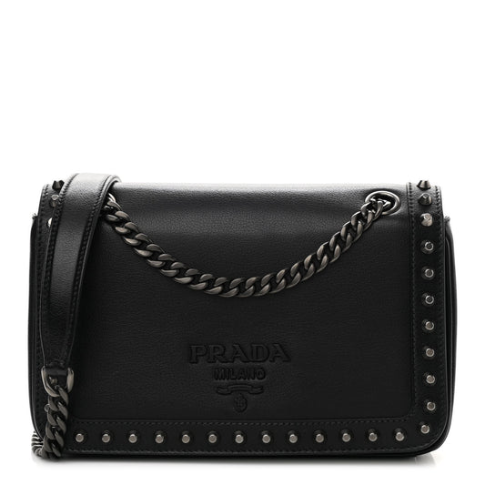 Glace Calfskin Studded Crossbody Black