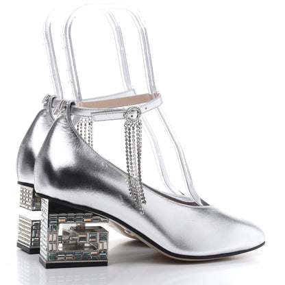 Gucci Metallic Nappa Crystal Square G Mid Heel Pumps 37.5 Silver 4 of 10