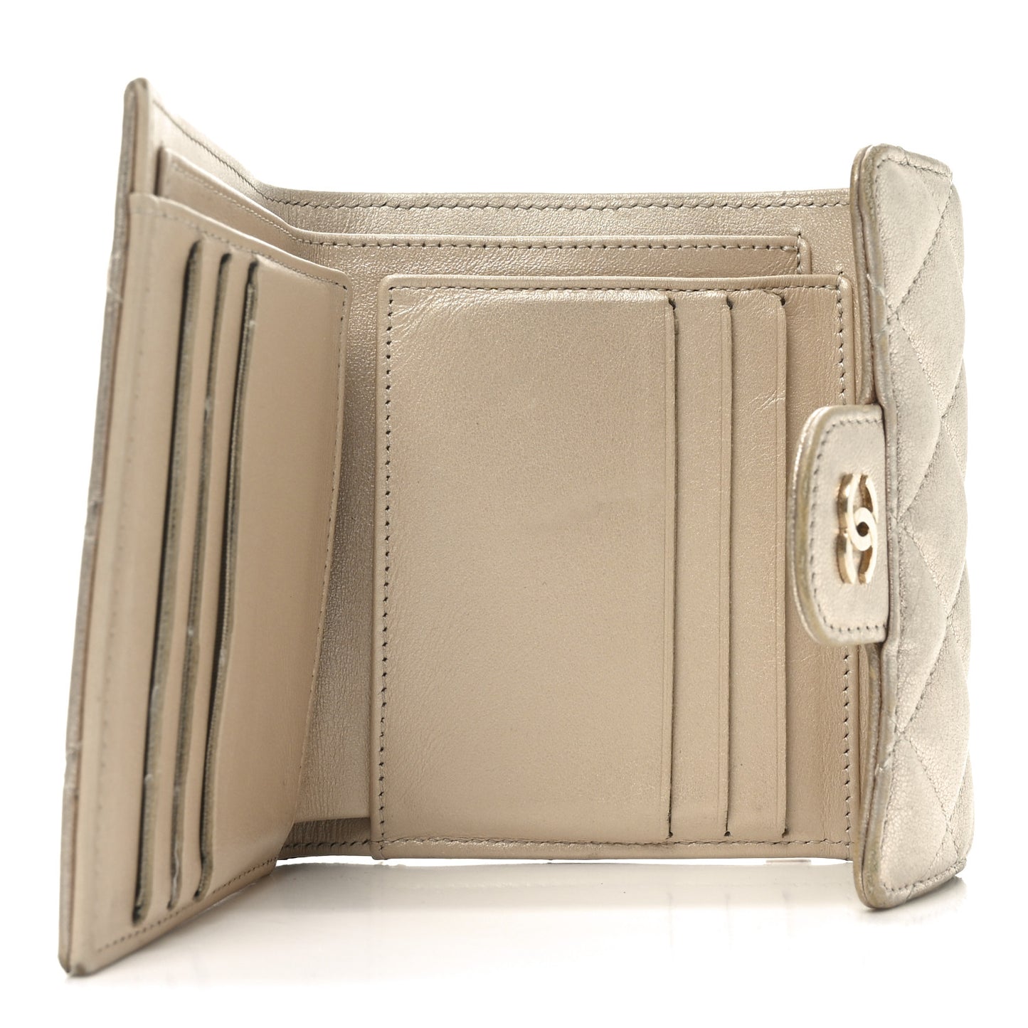 Metallic Lambskin Quilted Flap Card Holder Wallet Light Gold