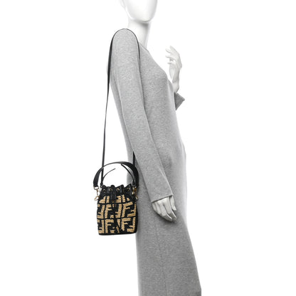 Fendi Raffia Vitello Seta F is Fendi FF Woven Mini Mon Tresor Bucket Bag Black Natural 1 of 9