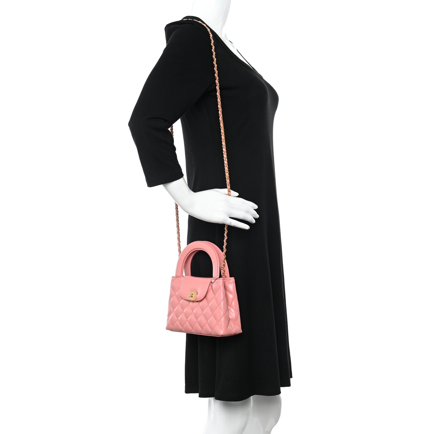 Shiny Aged Calfskin Quilted Nano Kelly Shopper Coral Pink