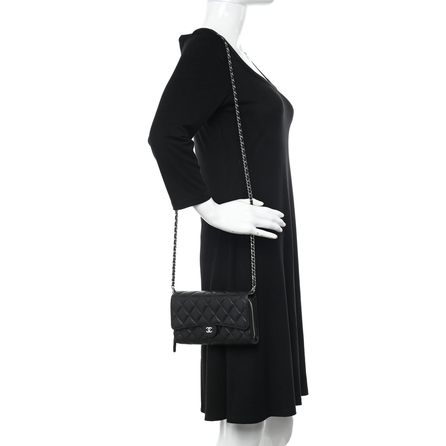 Caviar Quilted Phone Holder Wallet on Removable Chain Black