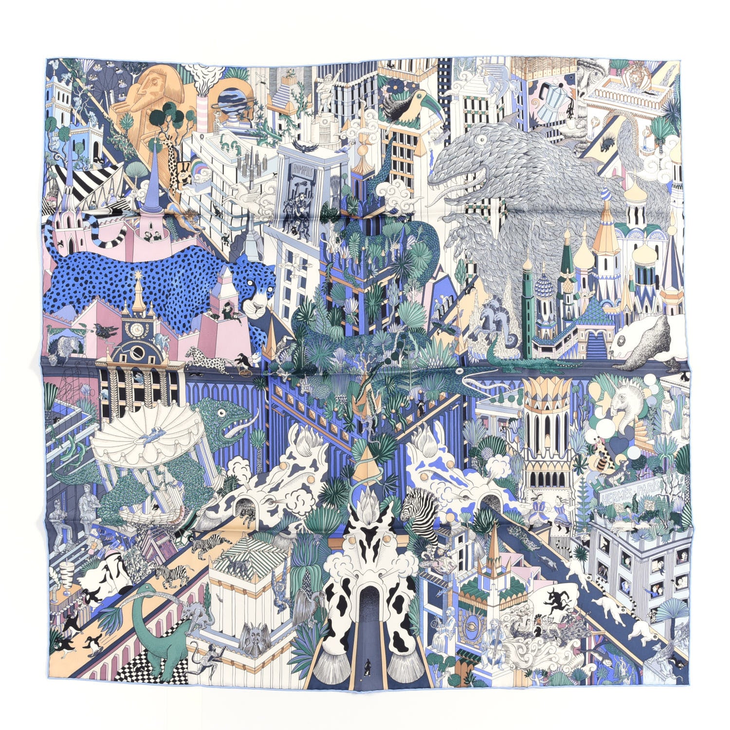 Hermes Silk Animapolis Scarf 90 Bleu Gris Vieux 1 of 4