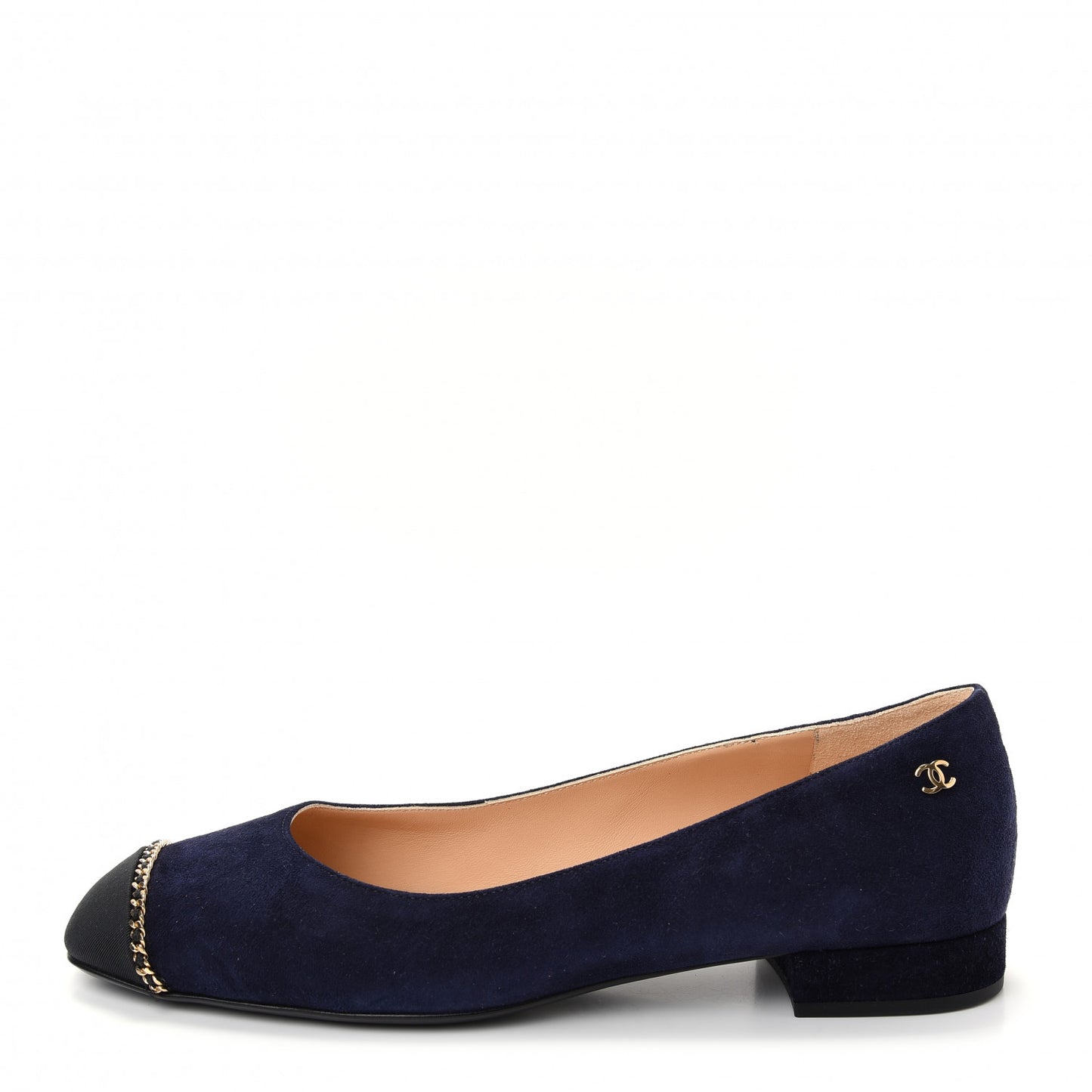 Suede Calfskin Grosgrain Cap Toe Chain Ballerina Flats 39.5 Navy Blue Black