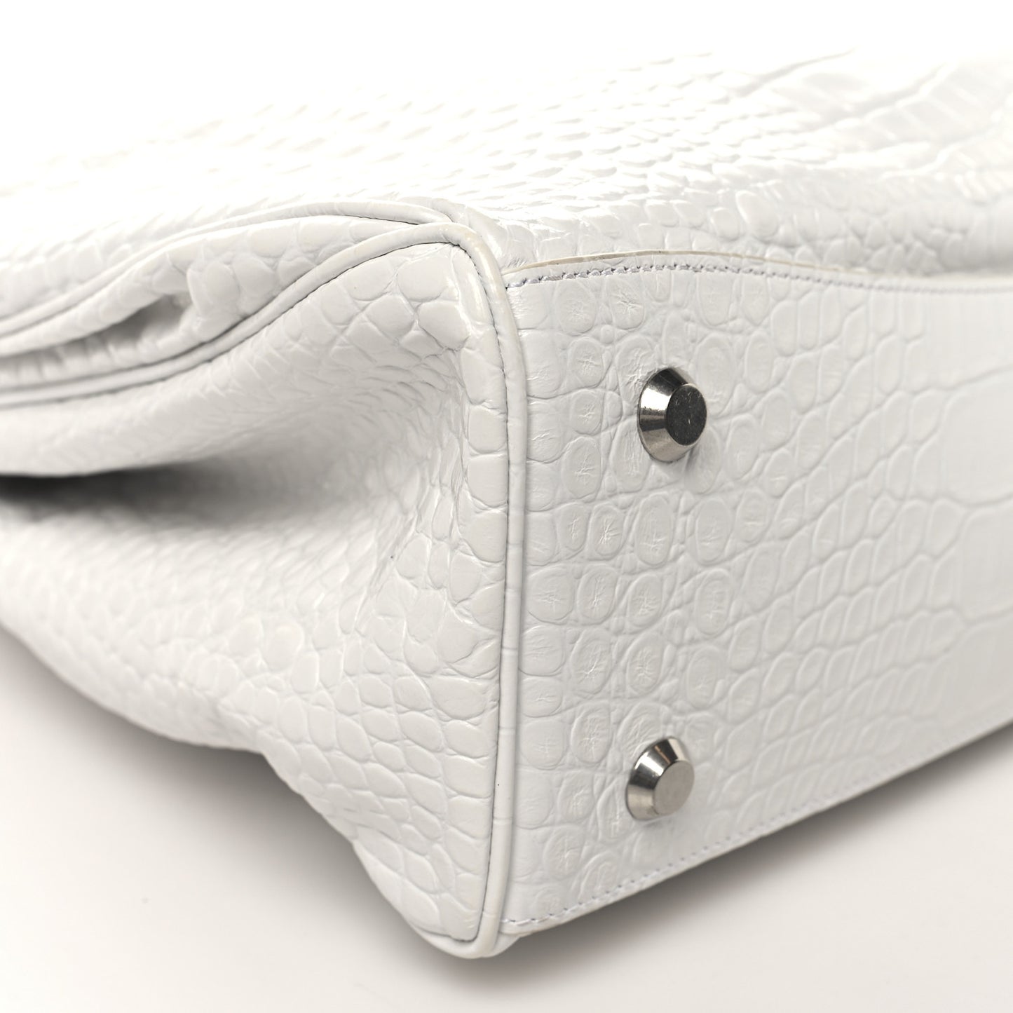Shiny Calfskin Crocodile Embossed Large Rodeo Top Handle Handbag White
