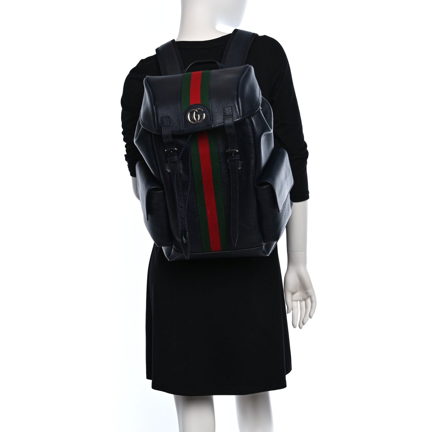 Textured Dollar Calfskin Web Medium Ophidia Double Buckle Backpack Blue Agata