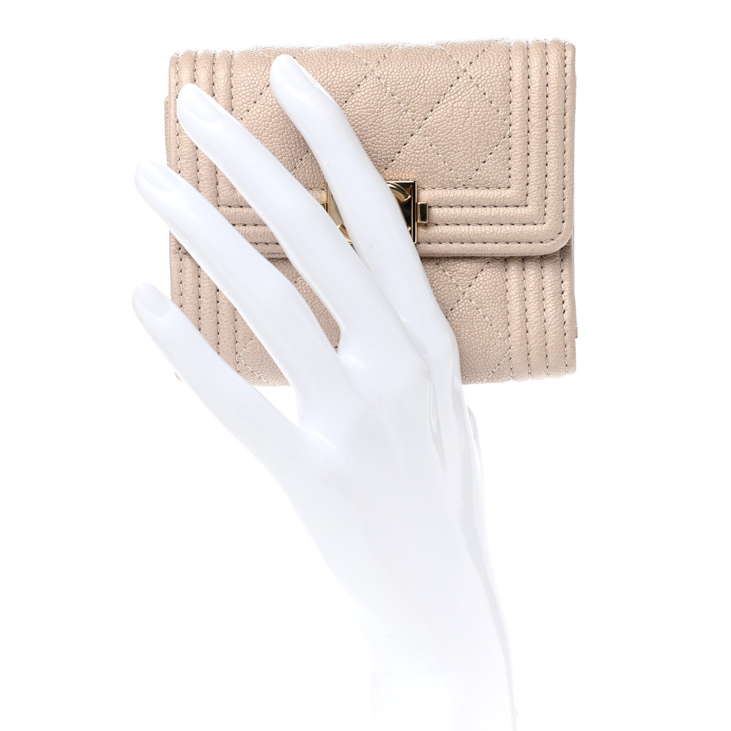 Chanel Caviar Quilted Compact Boy Flap Wallet Beige 2 of 8