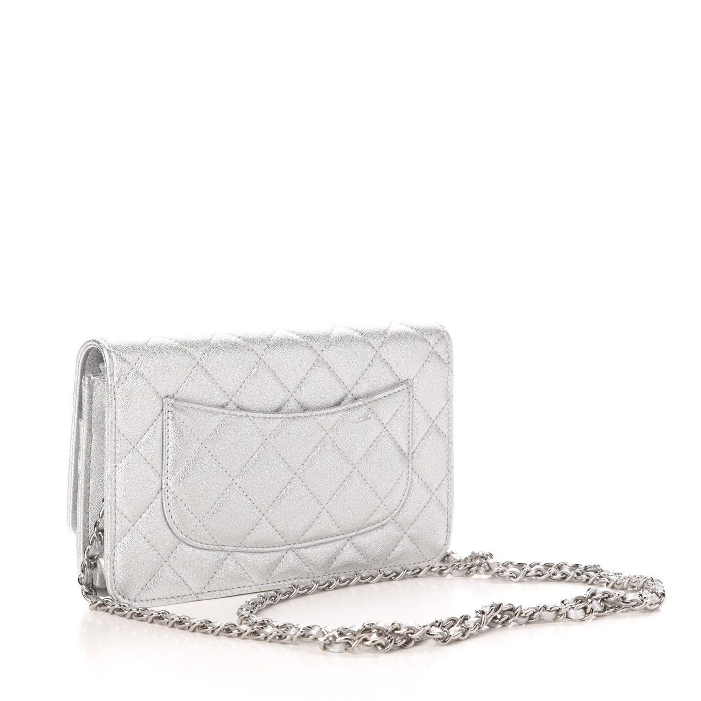 Metallic Lambskin Quilted Wallet On Chain WOC Silver