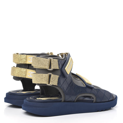 Chanel Goatskin Fabric Gladiator Sandals 38 Navy Blue Light Grey Yellow 4 of 8