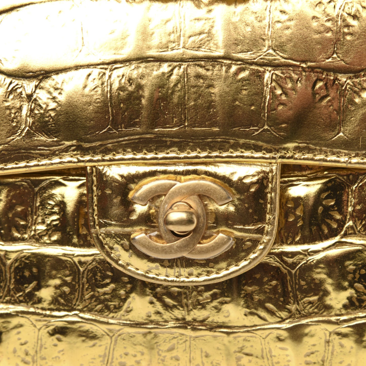 Metallic Calfskin Crocodile Embossed Cocodile Small Double Flap Gold Gold