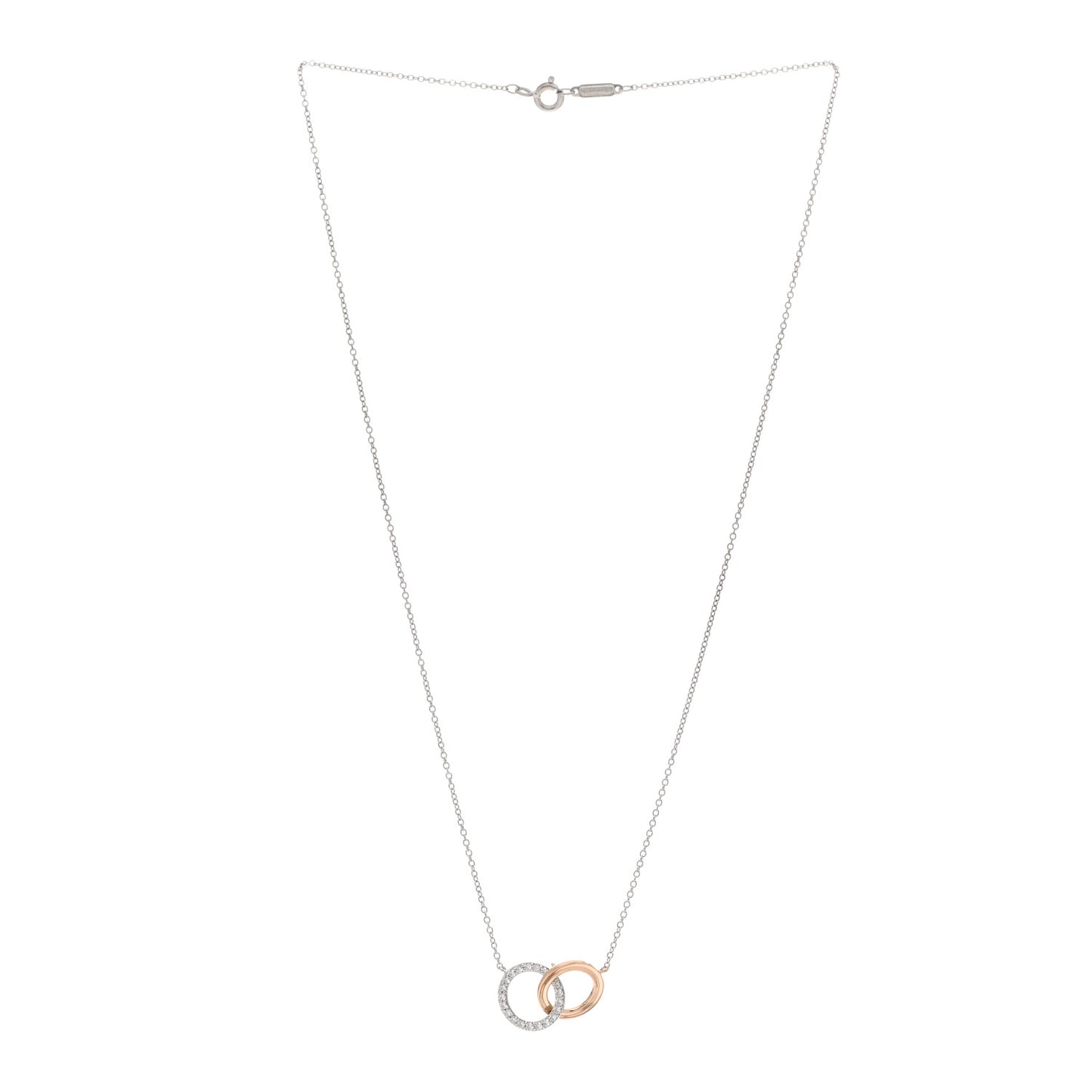 18K White Rose Gold Diamond Double Interlocking Circles Pendant Necklace
