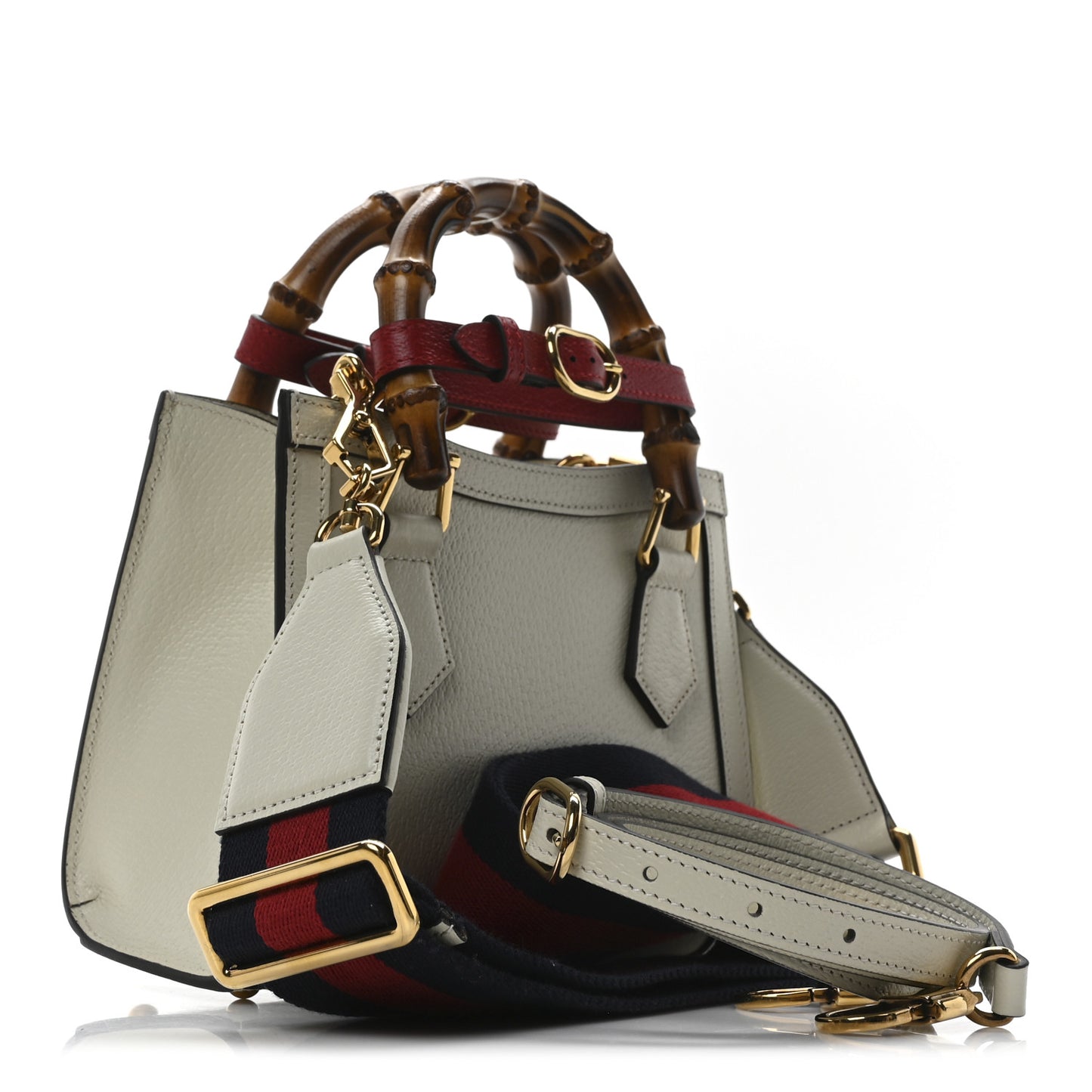 Textured Dollar Calfskin Web Mini Diana Tote Bag Mystic White