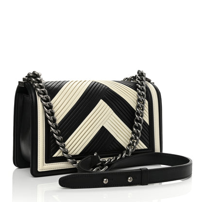 Chanel Calfskin Pleated Medium Boy In Rome Flap Black White 3 of 11