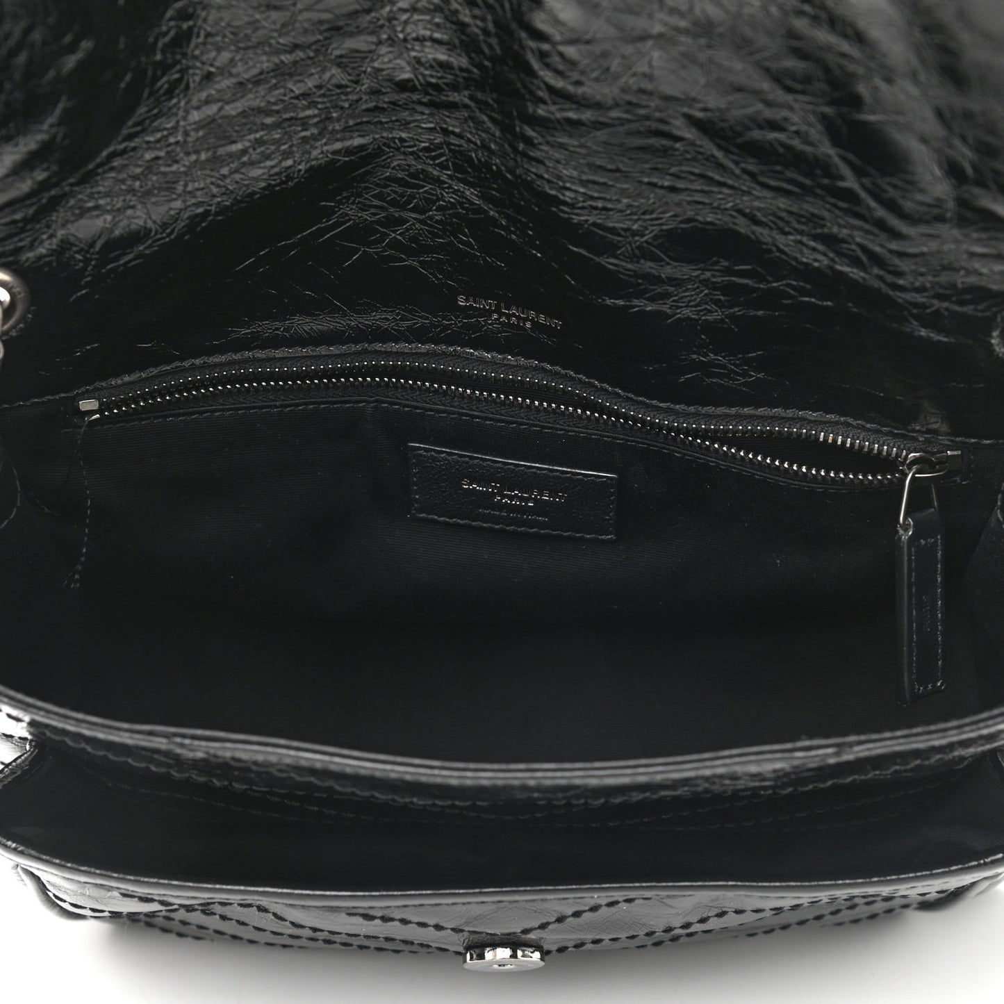 Crinkled Calfskin Matelasse Monogram Medium Niki Chain Satchel Black