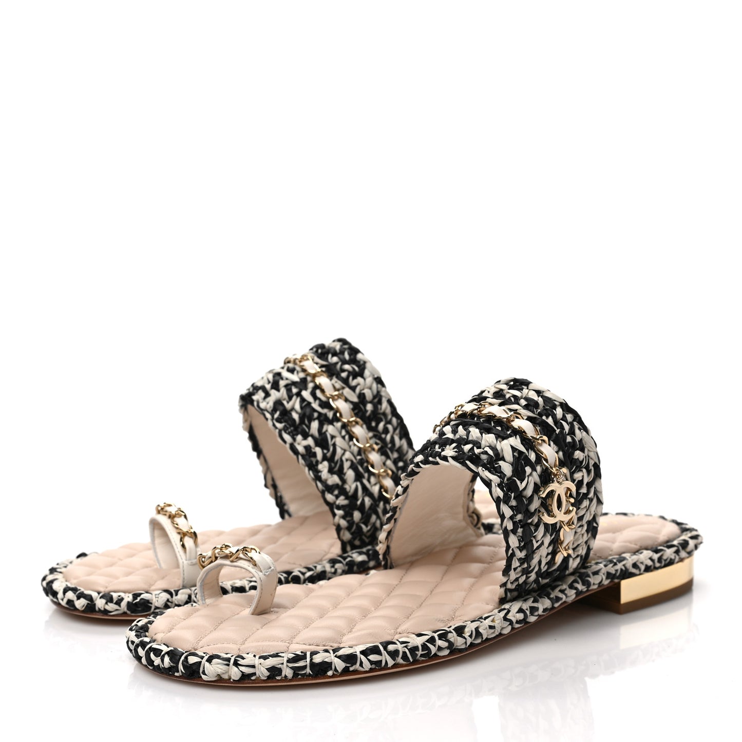 Raffia Lambskin Woven Chain CC Toe Ring Sandals 41 Black Beige