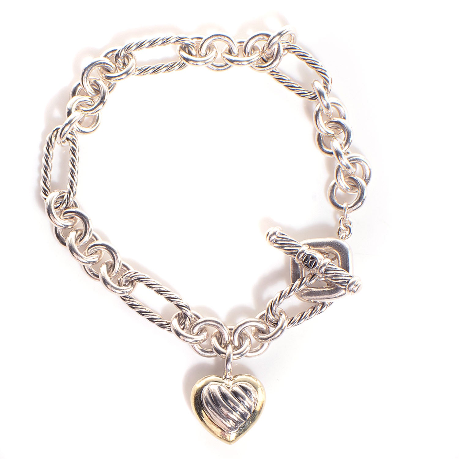 David Yurman Sterling Silver 18K Yellow Gold Cable Heart Charm Bracelet 3 of 6