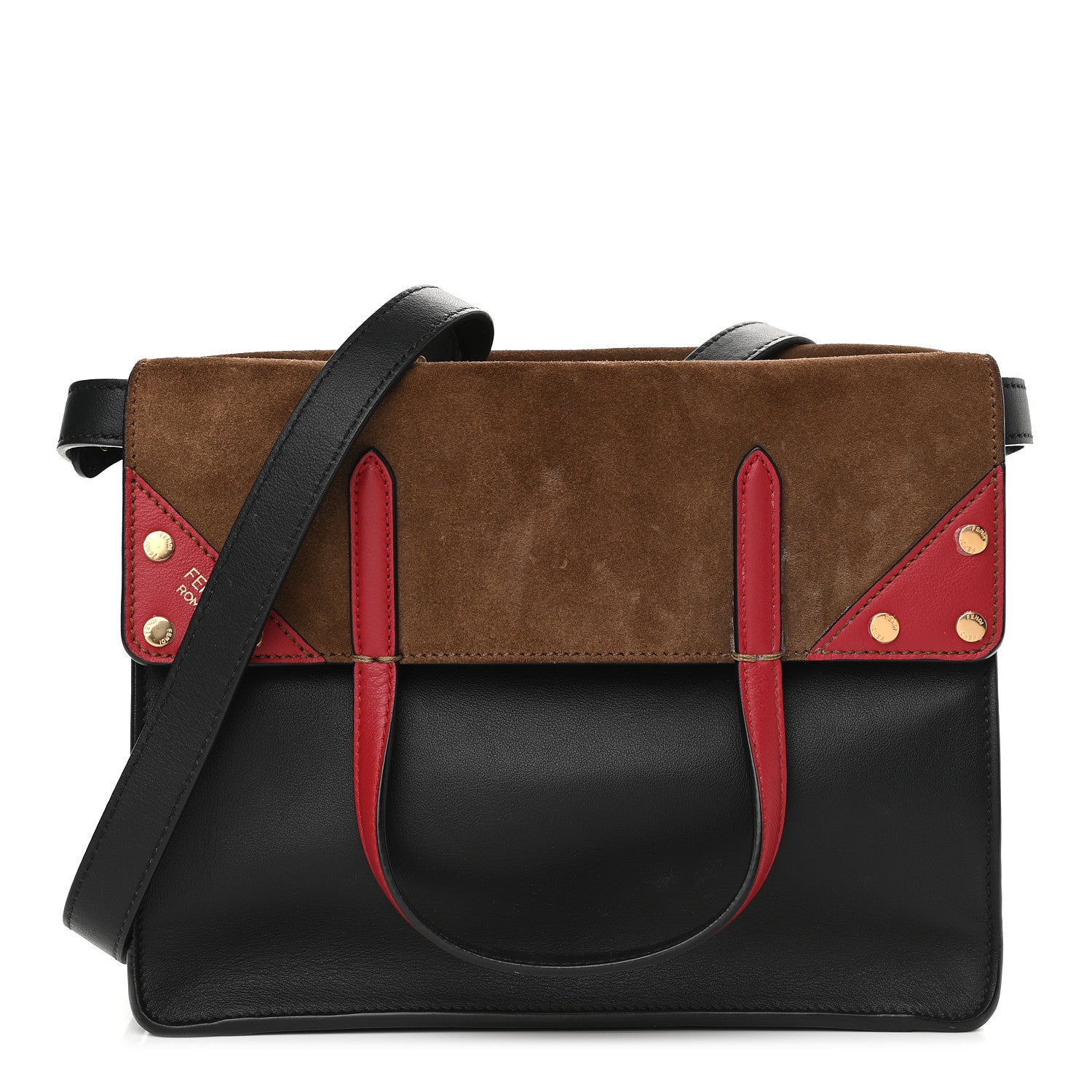 Fendi Vitello Grace Suede Small Flip Tote Black Fragola Marrone 1 of 8