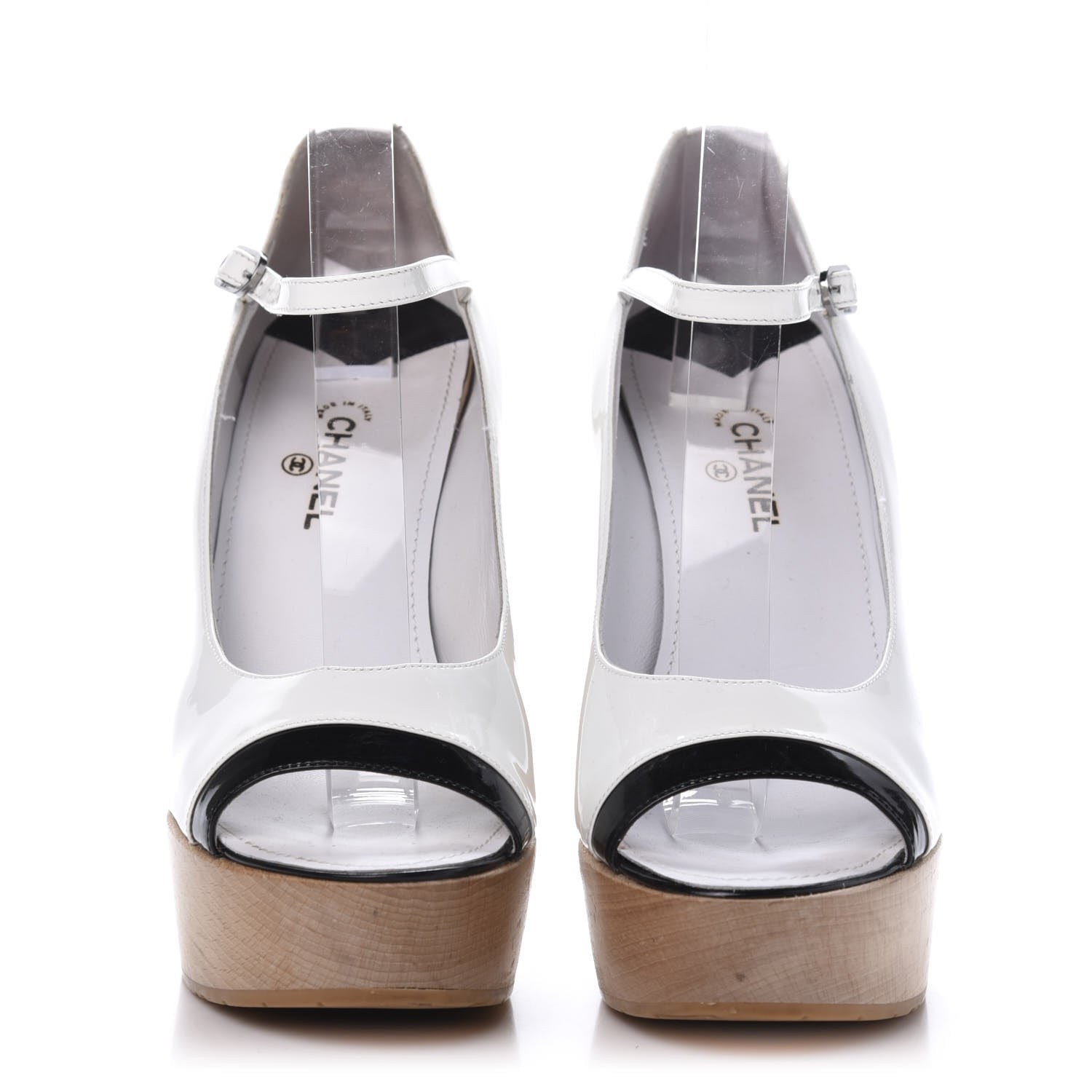Chanel Patent Wooden Heel Peep Toe CC Pumps 40.5 White 2 of 9