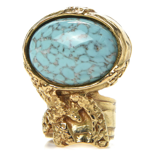 Glass Cabochon Arty Ovale Ring 6 Gold Turquoise