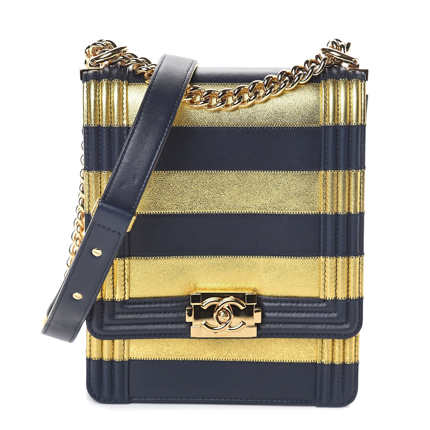 Metallic Lambskin Striped North South Boy Flap Navy Gold