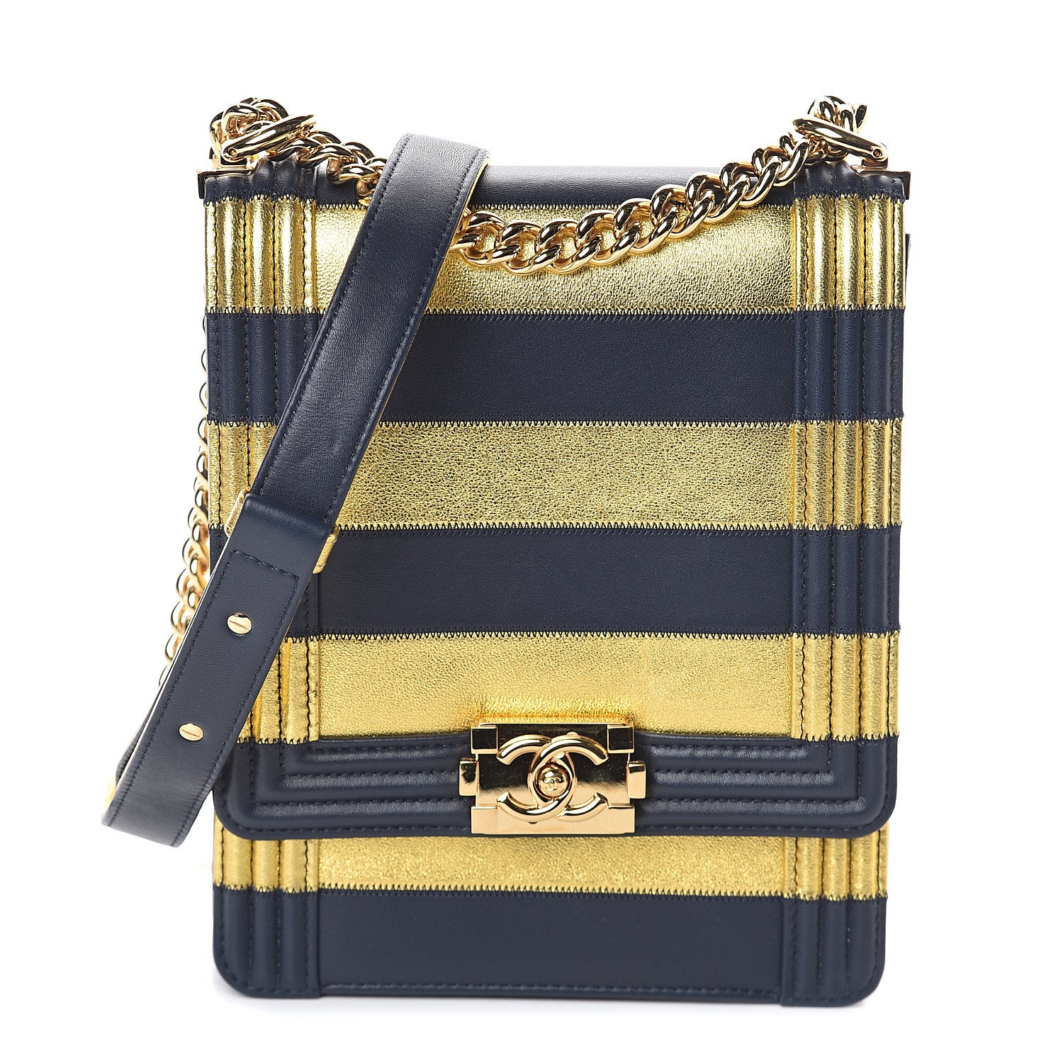 Chanel Metallic Lambskin Striped North South Boy Flap Navy Gold 1 of 8