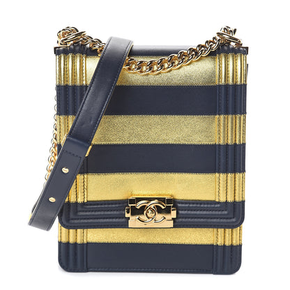 Chanel Metallic Lambskin Striped North South Boy Flap Navy Gold 1 of 8