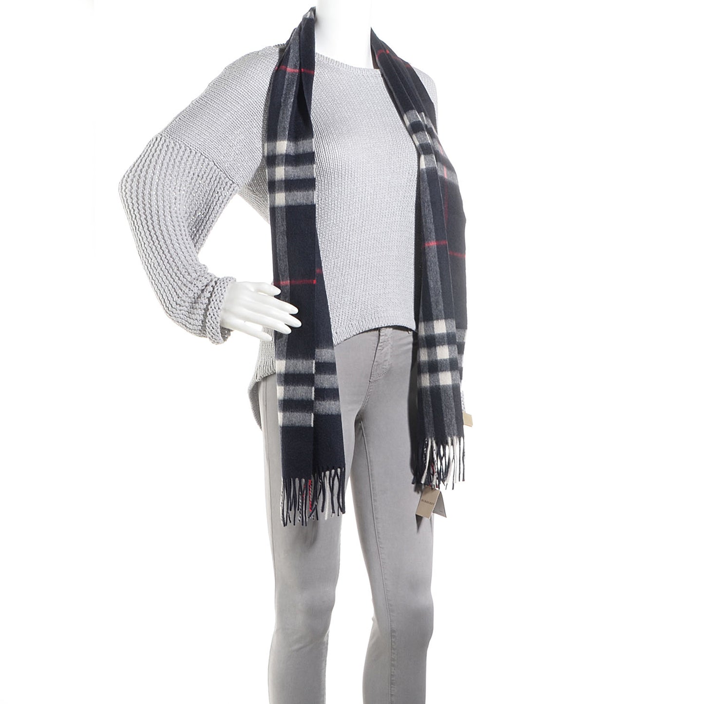 Cashmere Giant Check Fringe Scarf Navy