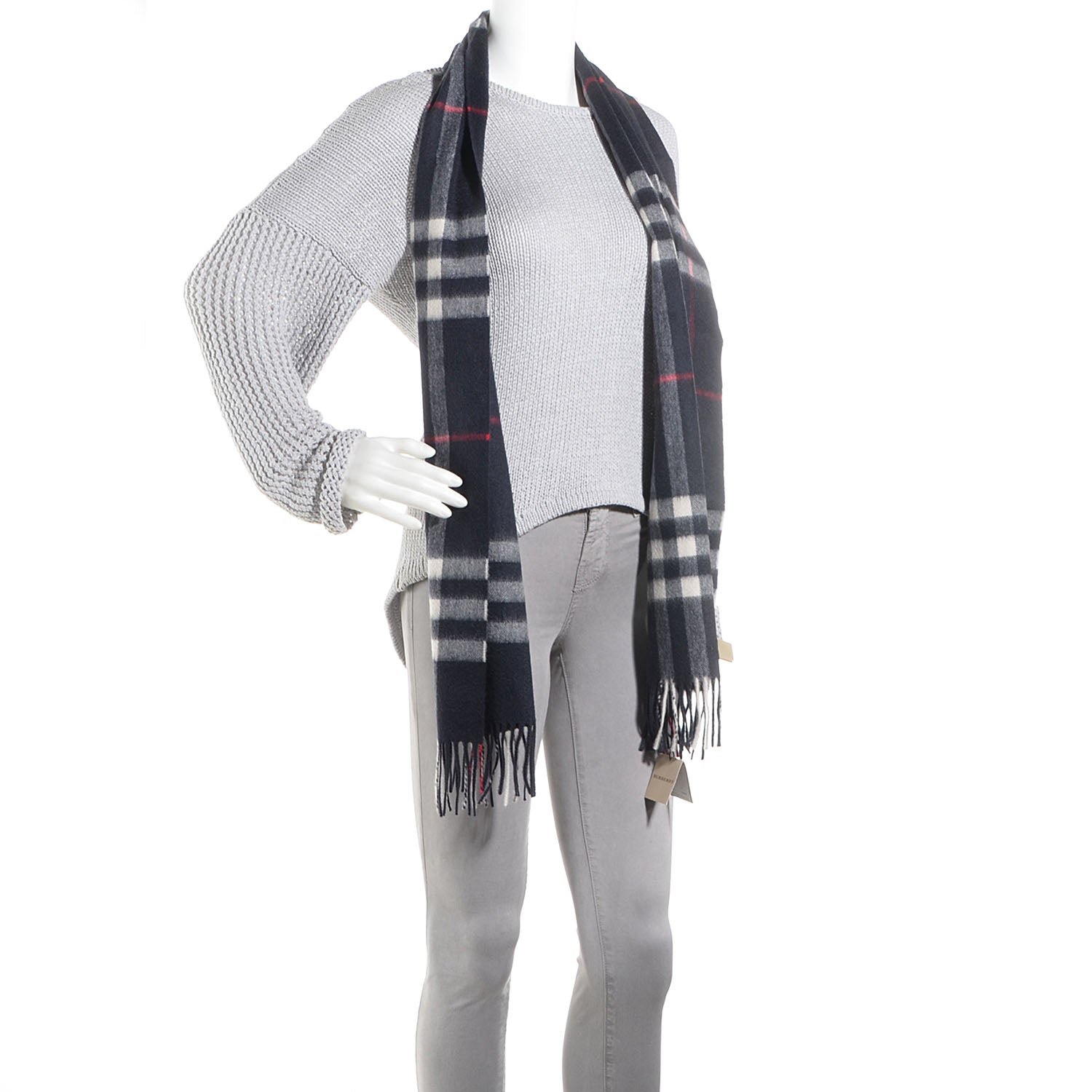 Burberry Cashmere Giant Check Fringe Scarf Navy 2 of 5