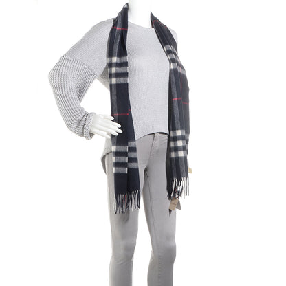 Burberry Cashmere Giant Check Fringe Scarf Navy 2 of 5