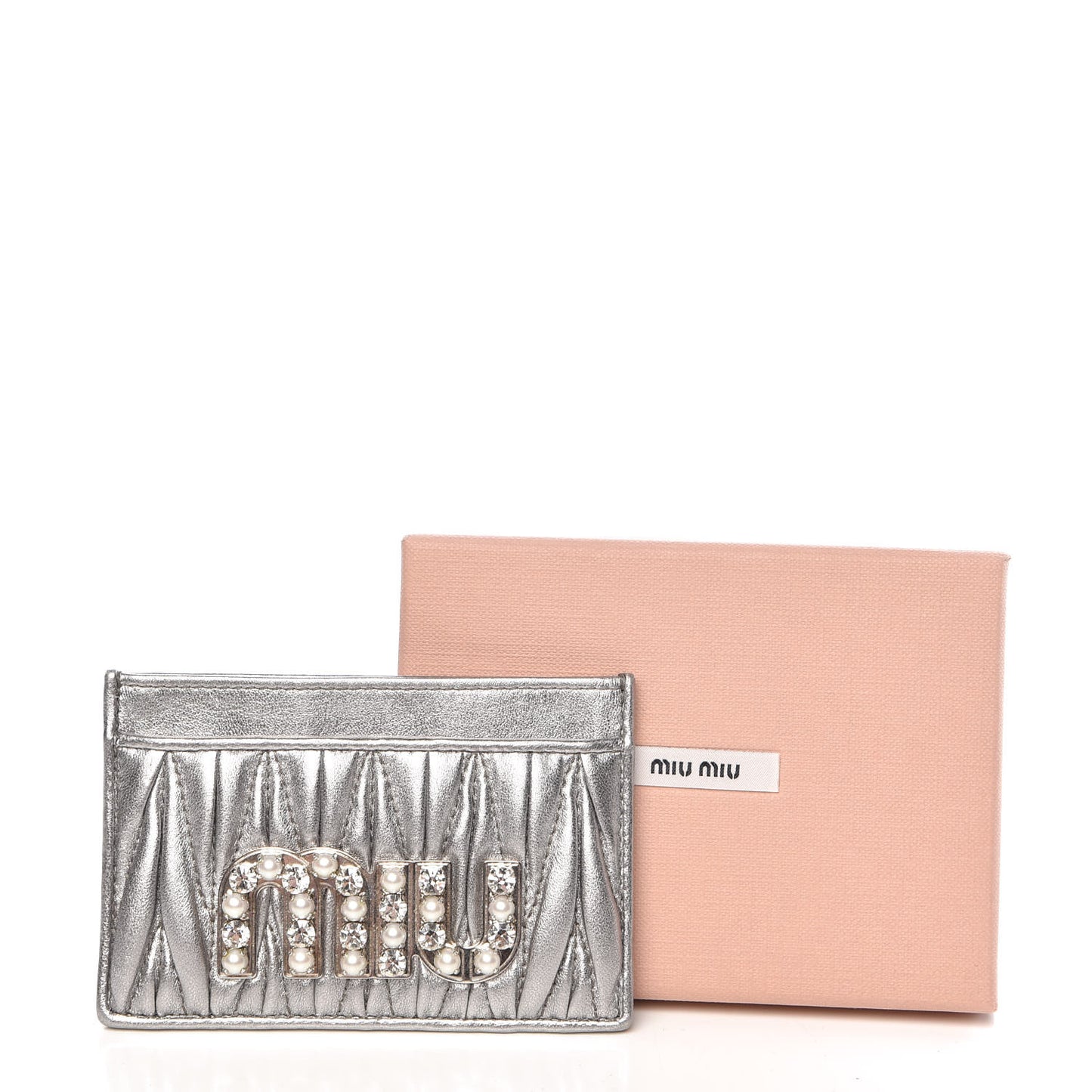 Metallic Goatskin Matelasse Crystal Miu Card Case Cromo