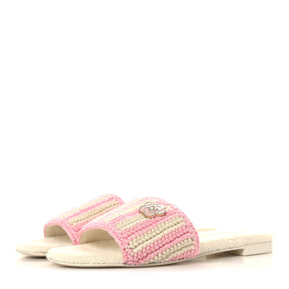 Chanel Crochet Striped Enamel Camellia Mules Sandals 37.5 Ivory Pink 4 of 9