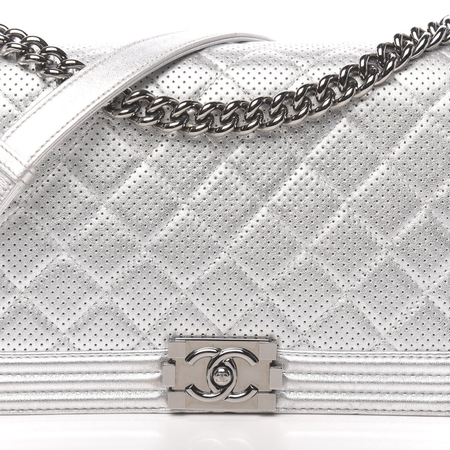 Metallic Lambskin Perforated New Medium Boy Flap Silver