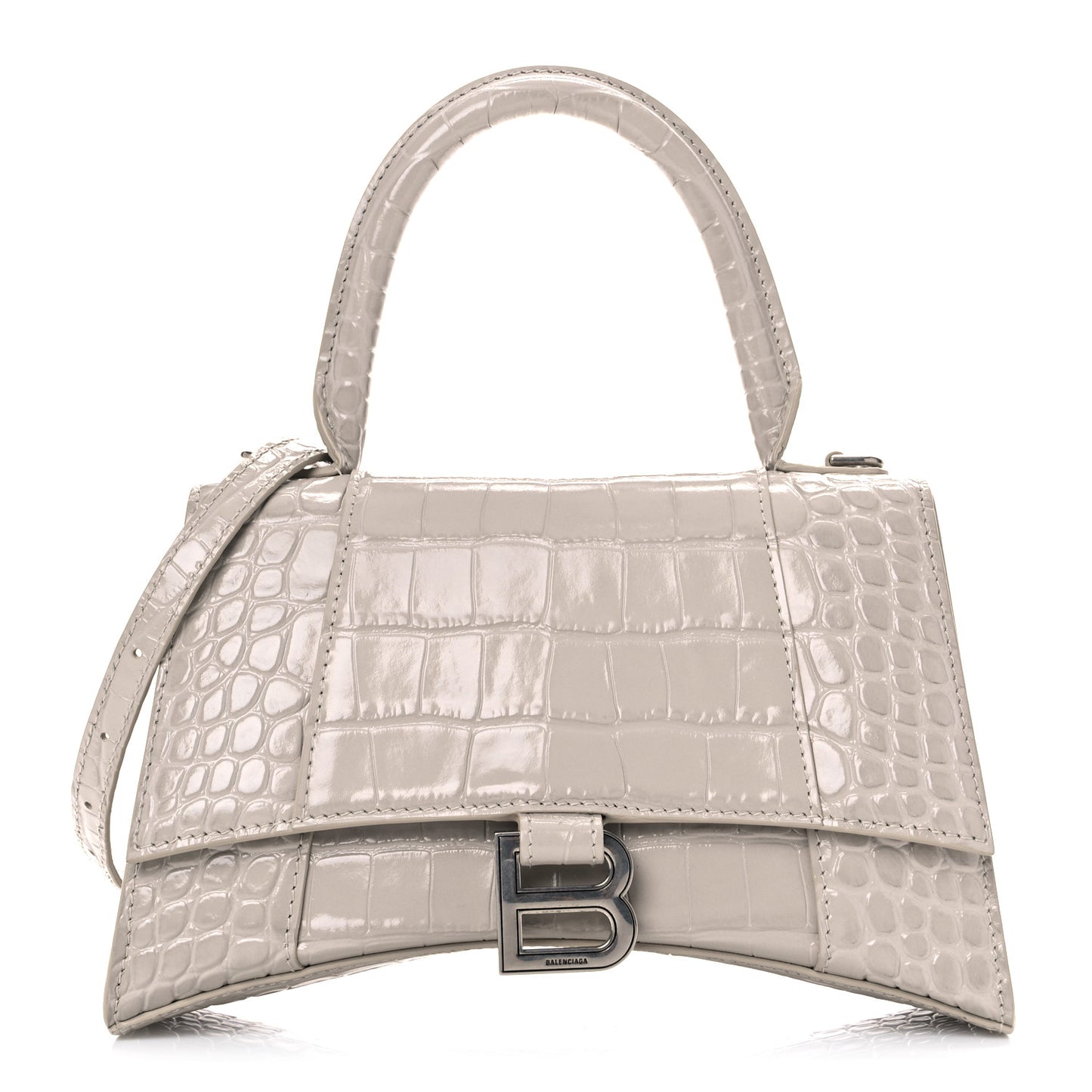 Shiny Calfskin Crocodile Embossed Small Hourglass Top Handle Bag Cold Beige