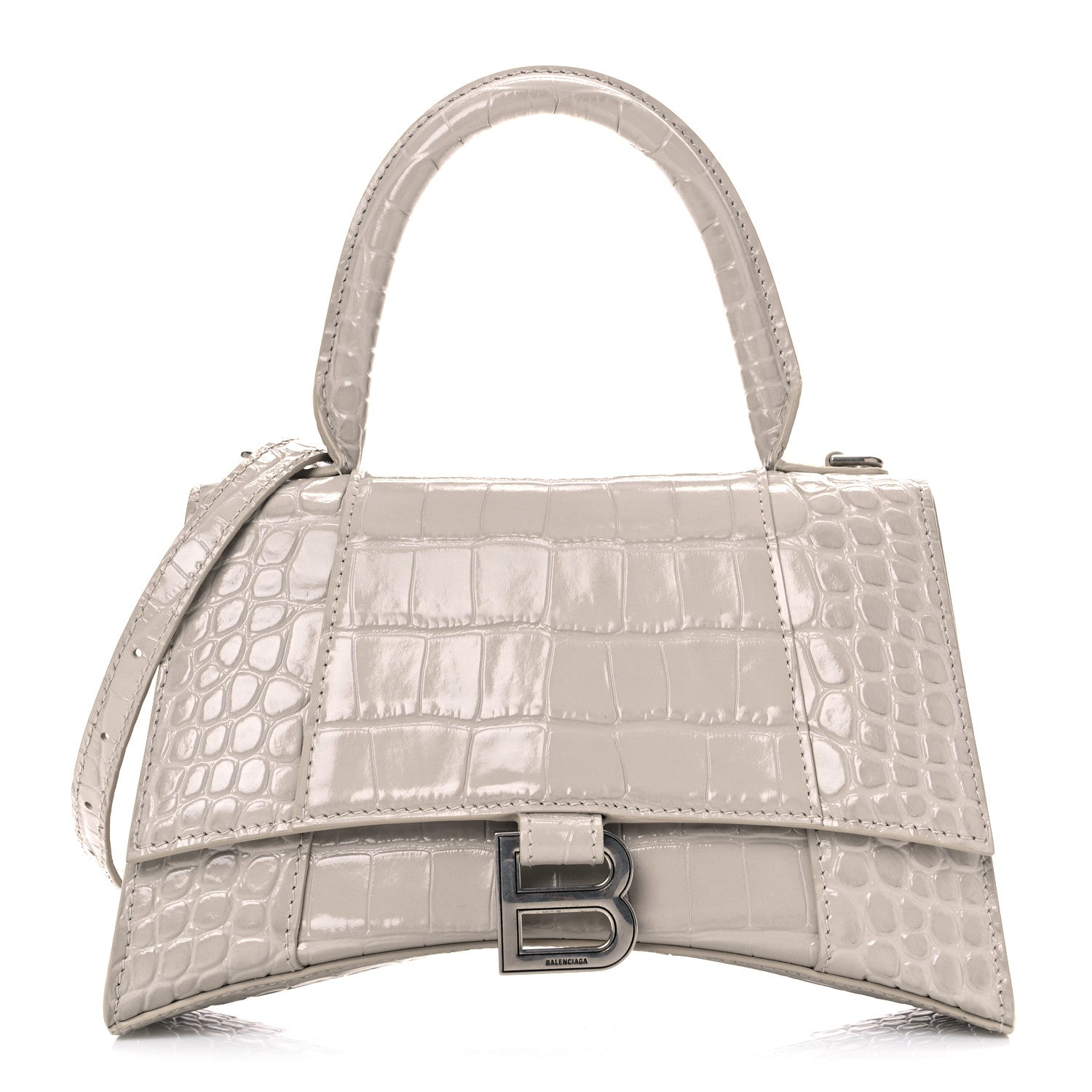Balenciaga Shiny Calfskin Crocodile Embossed Small Hourglass Top Handle Bag Cold Beige 1 of 10