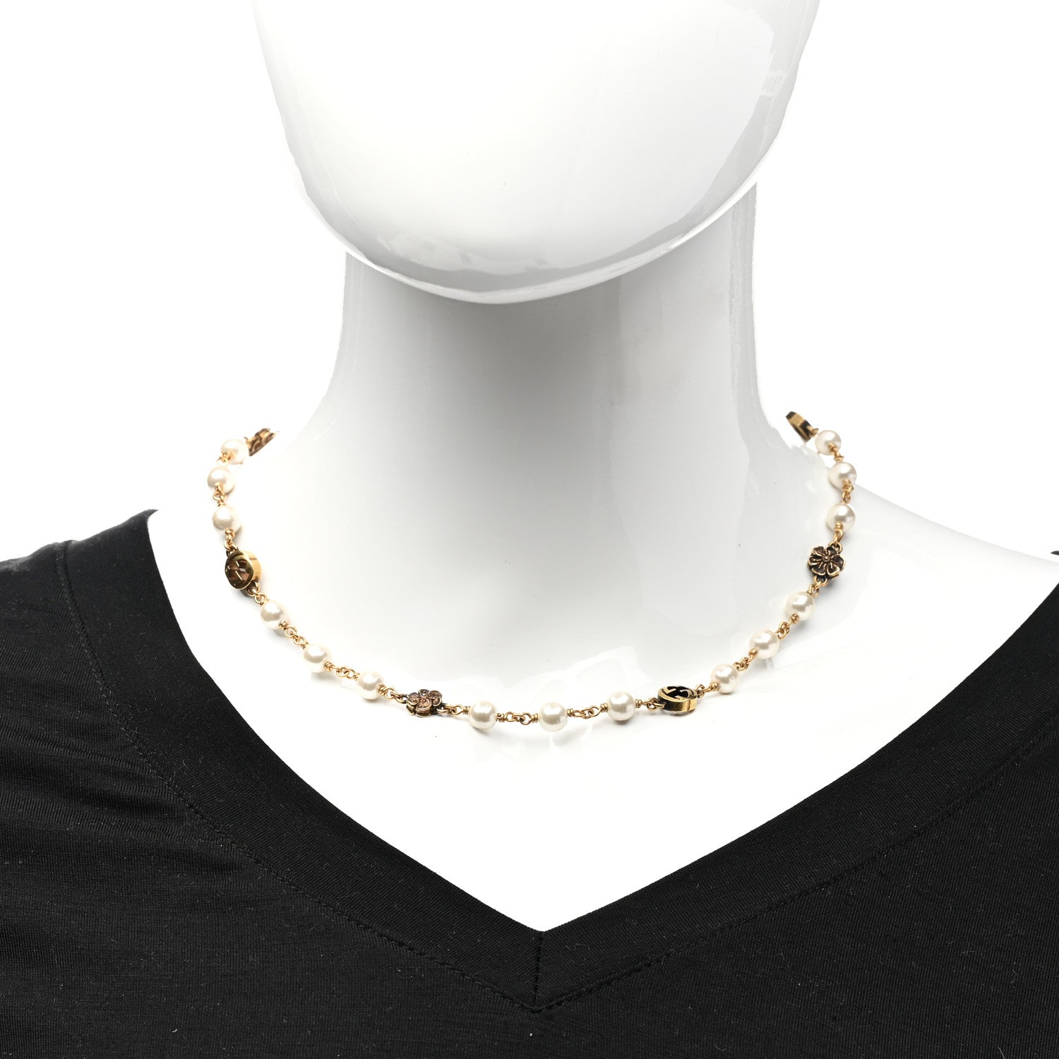 Gucci Metal Pearl Interlocking G Flower Necklace Gold 2 of 5