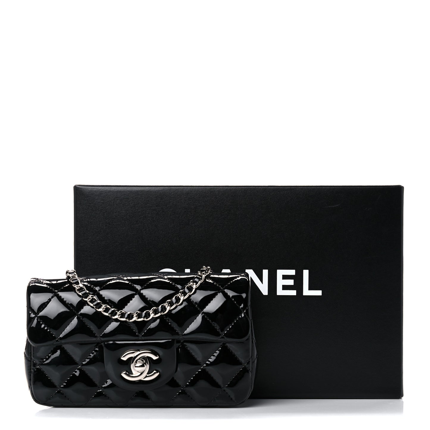 Patent Calfskin Quilted Extra Mini Rectangular Flap Black