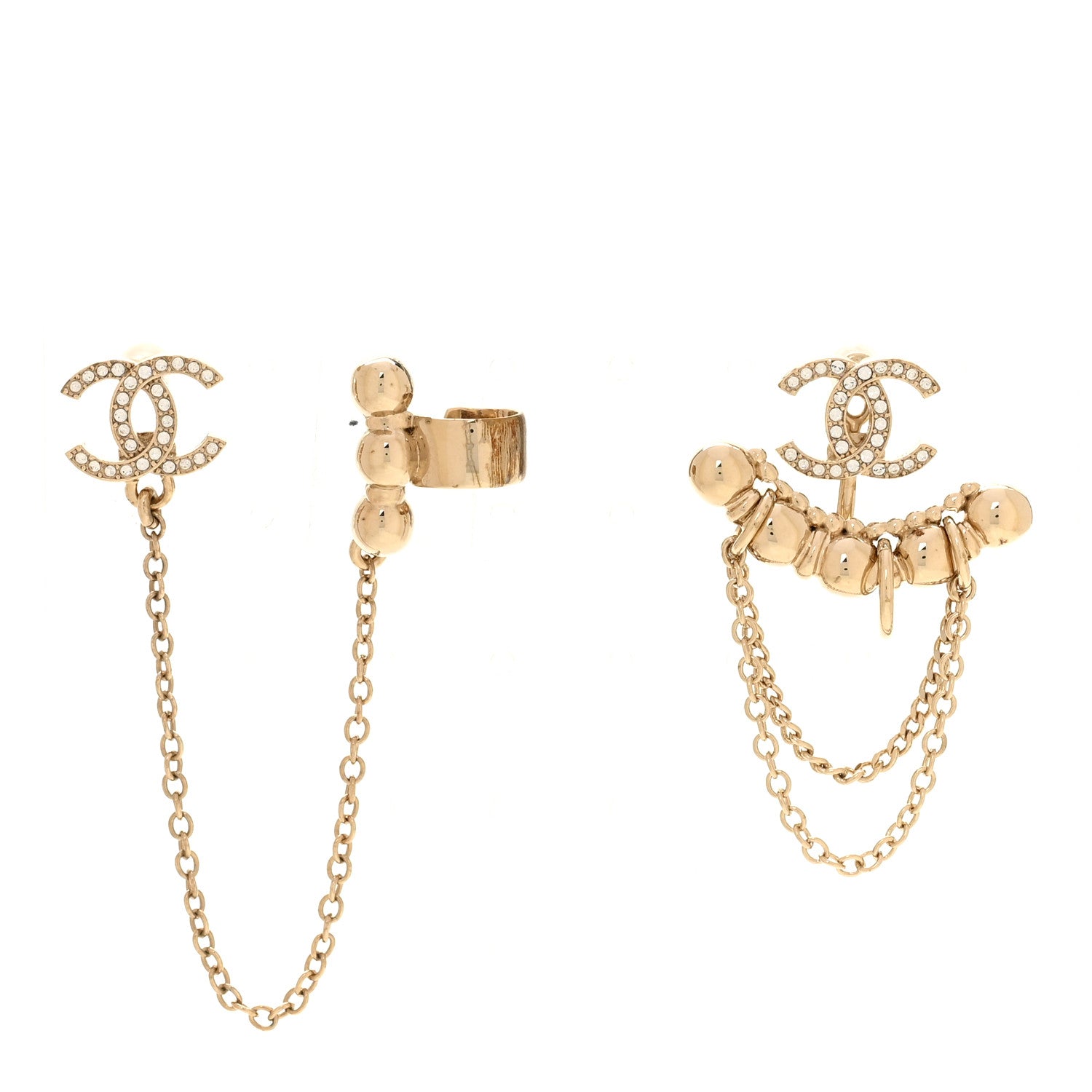 Chanel Metal Crystal CC Chain Cuff Earrings Gold 1 of 5