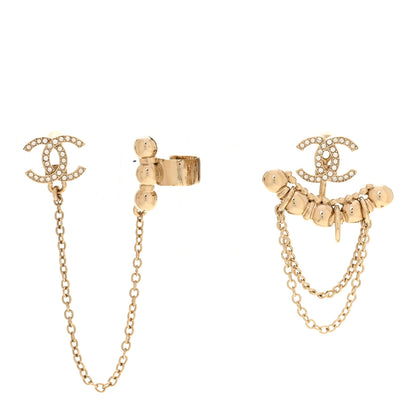 Chanel Metal Crystal CC Chain Cuff Earrings Gold 1 of 5