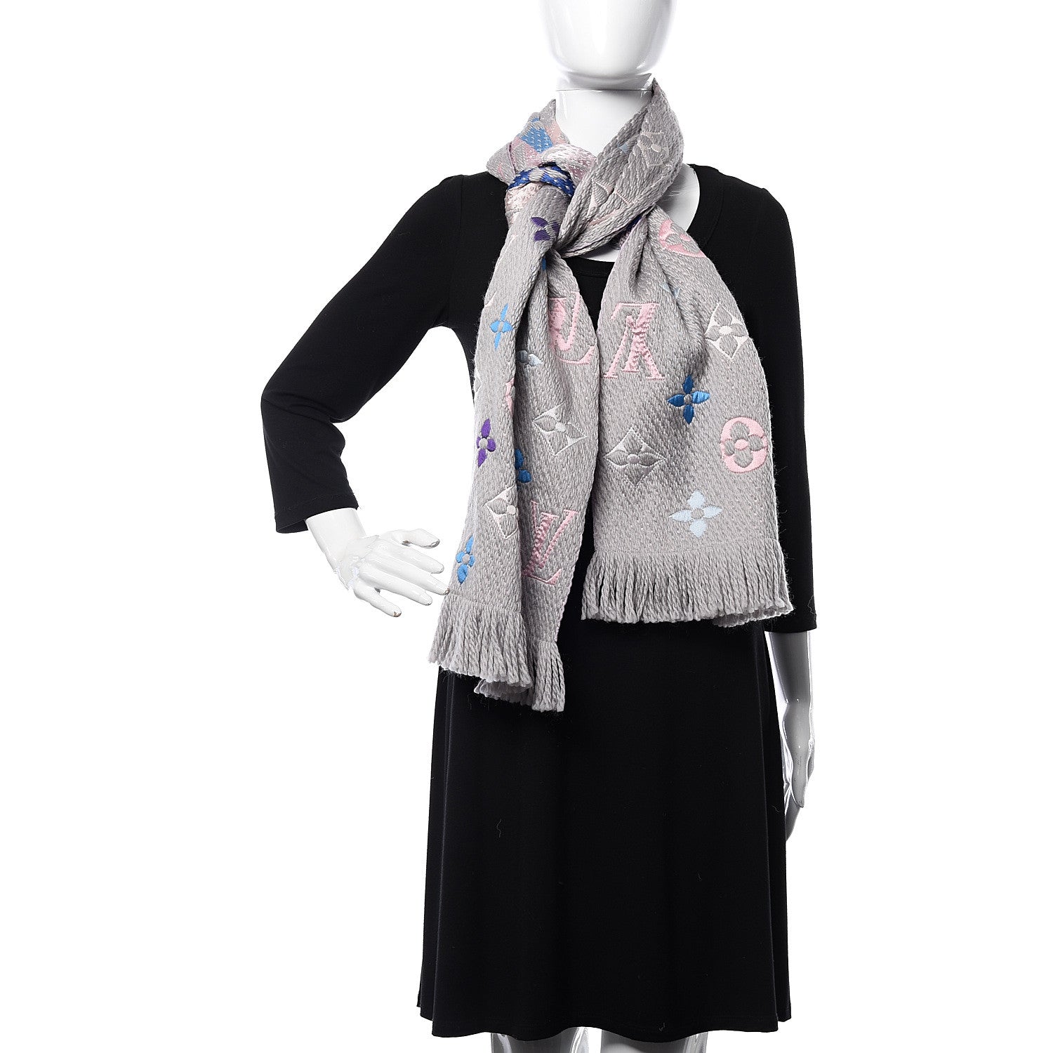 Louis Vuitton Wool Silk Rainbow Logomania Scarf Grey 2 of 4