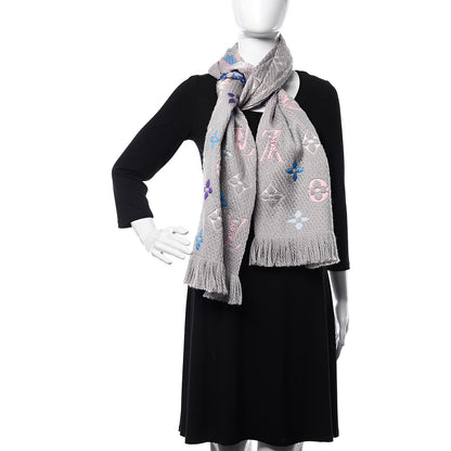 Louis Vuitton Wool Silk Rainbow Logomania Scarf Grey 2 of 4