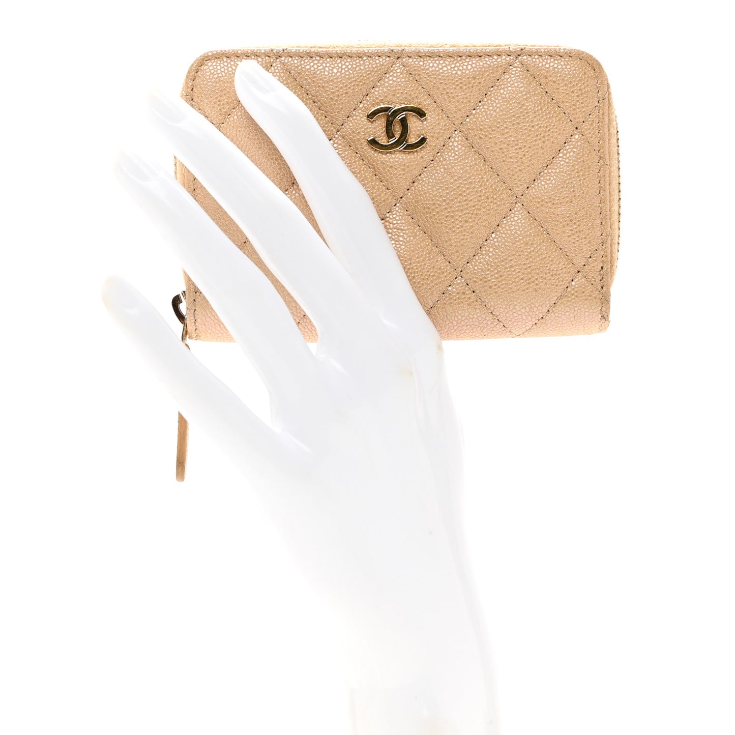 Iridescent Caviar Quilted Zip Around Coin Purse Beige