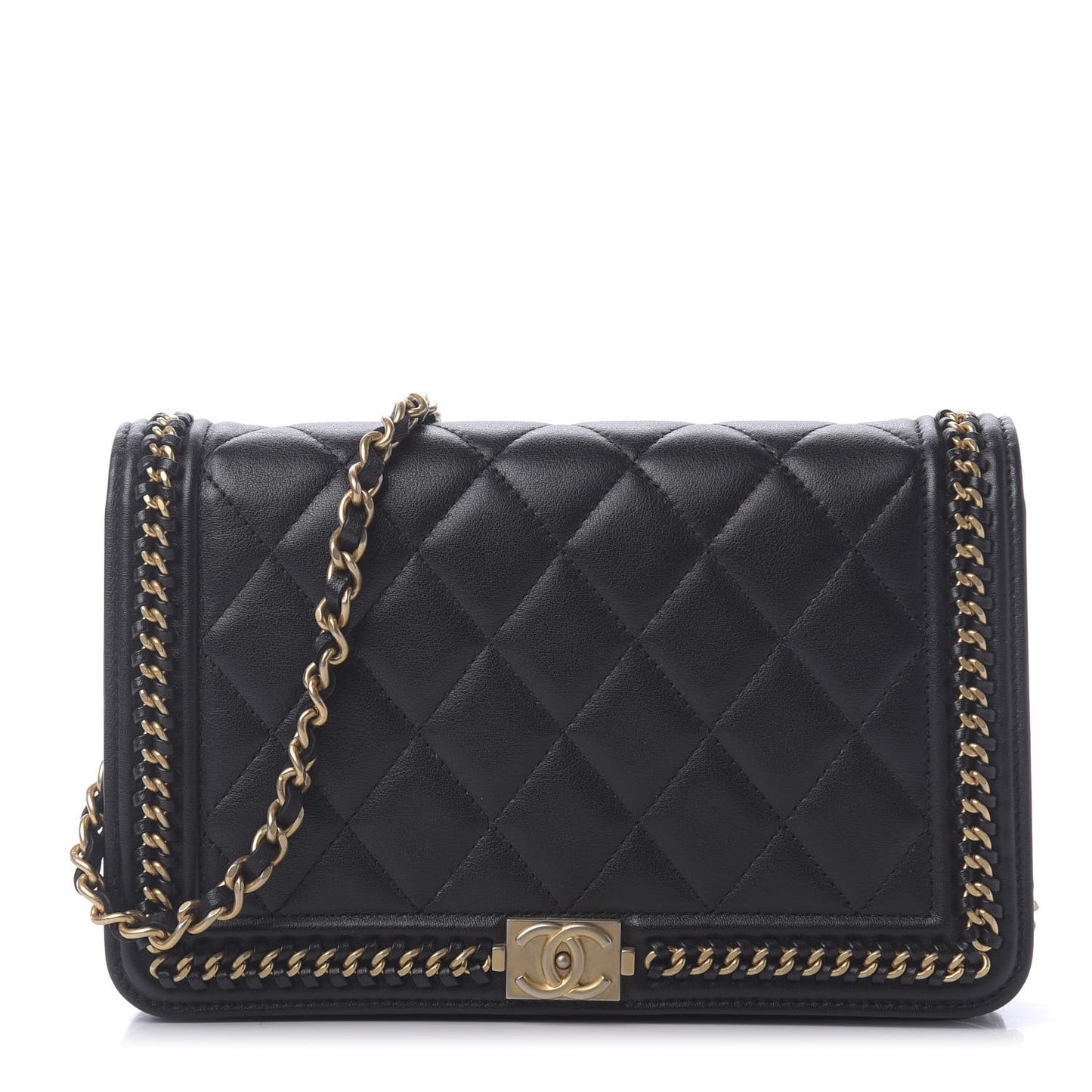Calfskin Quilted Chain Around Boy Wallet On Chain WOC Black